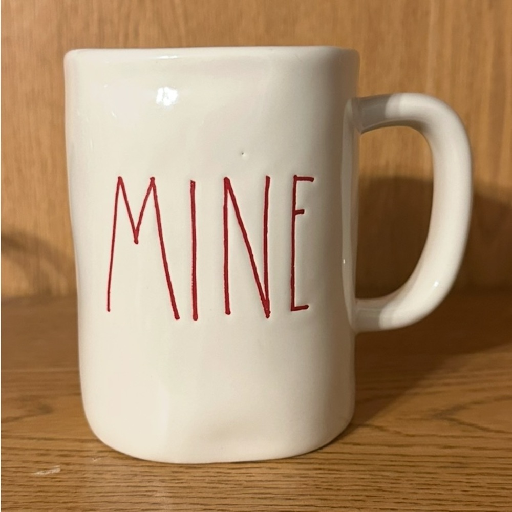 Rae Dunn White Ceramic Mug with Red “MINE”Text and “M” stamp